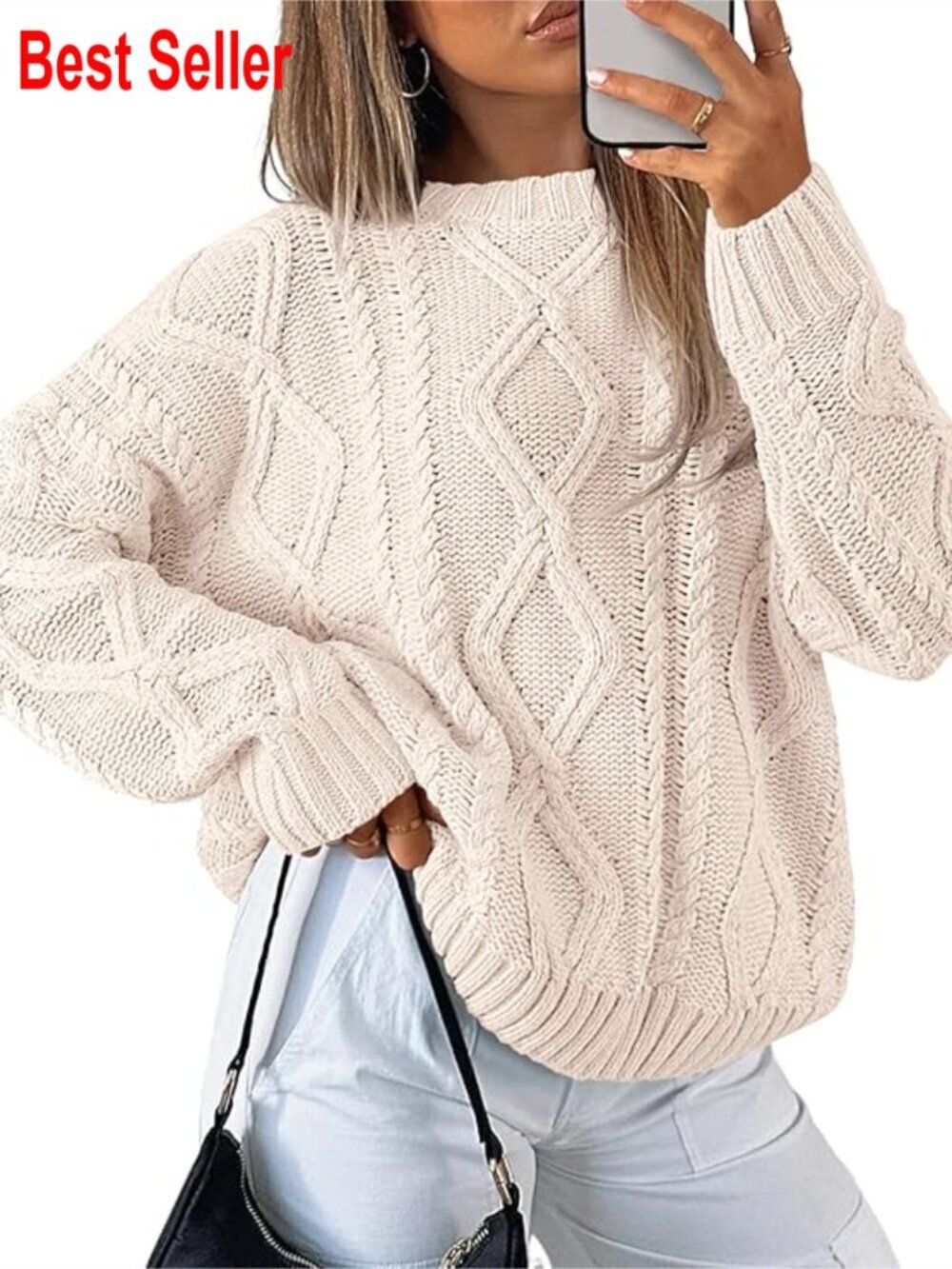 Oversized Cable Knit Crewneck Pullover Sweater